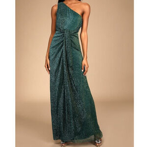 LULU'S M Shiny Teal Green Glamorous Glitz One-Shoulder Neck Maxi Dress NEW B97